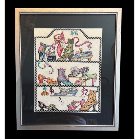 Framed Cross-Stitch Artwork Shoes Design Handmade Bucilla Silver in color frame - Picture 1 of 10